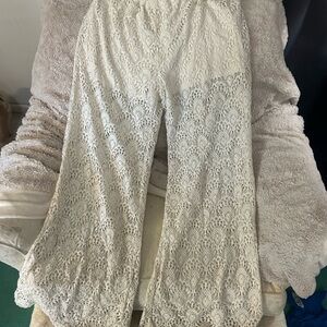 Cream Lace Wide-Leg Pants